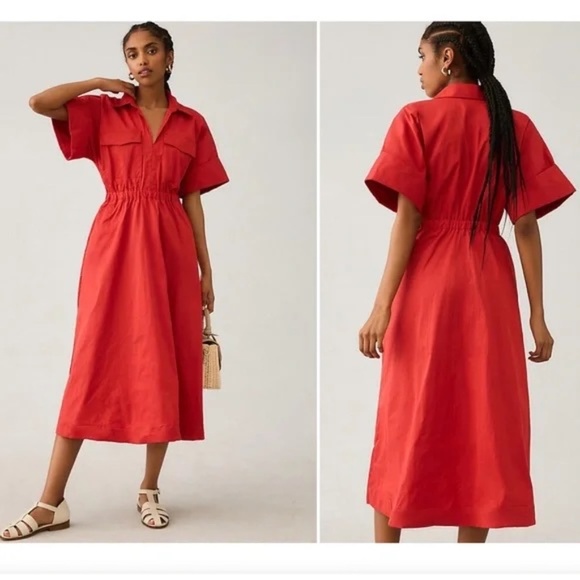 New! Maeve x Anthropologie Utility Shirt Dress Red 3421 - Picture 1 of 12